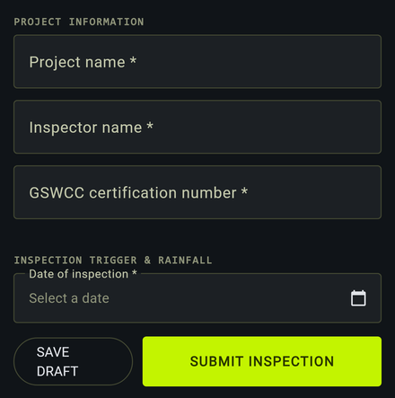 The Georgia NPDES ES and PC inspection report form, with fields for project name, inspector name and GSWCC certification number.