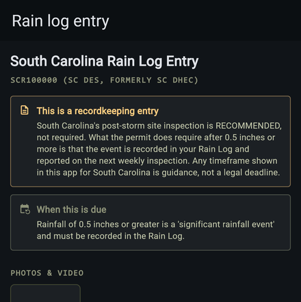 South Carolina rain log entry screen, with a notice explaining that the post-storm site inspection is recommended, not required, and that what the permit requires is a rain log entry reported on the next weekly inspection.