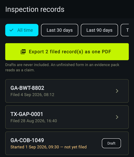 Inspection records screen, filtered to all time: a button to export 2 filed records as one PDF, a note that drafts are never included, and a list showing two filed inspections and one draft clearly marked as not yet filed.